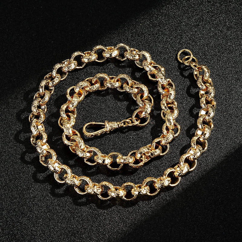 LUXURY GOLD 12MM DIAMOND CUT PATTERN BELCHER CHAIN AND BRACELET WITH ALBERT CLASP SET - Image 3